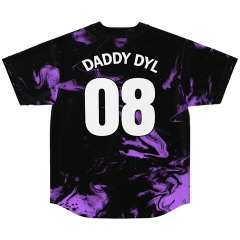 Back view of black and purple abstract swirl jersey featuring “DADDY DYL” and number 08