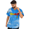 Sky blue cloud print with multicolor lettering and yellow emblem, modeled angled front view