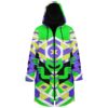 Geometric alien-patterned cloak front view with neon green hood, zipper, and angular purple panels