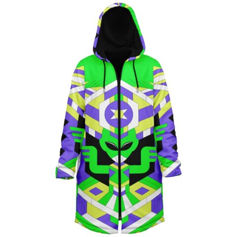 Geometric alien-patterned cloak front view with neon green hood, zipper, and angular purple panels
