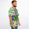 Profile view of a model in the vibrant rave hooded baseball jersey