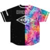 Back view of split starfield and rainbow watercolor DIMENSION design with geometric eye emblem