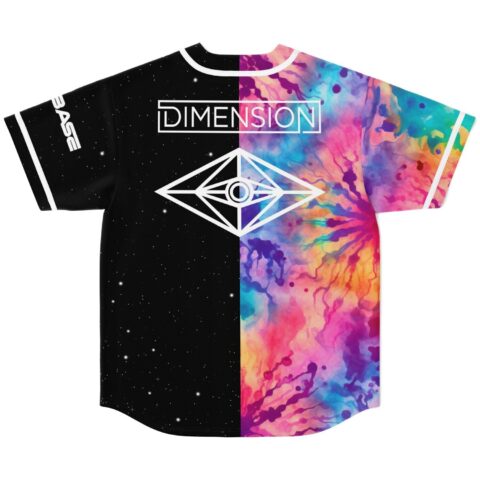 Back view of split starfield and rainbow watercolor DIMENSION design with geometric eye emblem