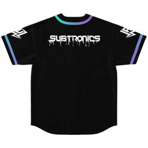 Black jersey back with dripping white festival logo and blue-purple sleeve trim, displayed against white