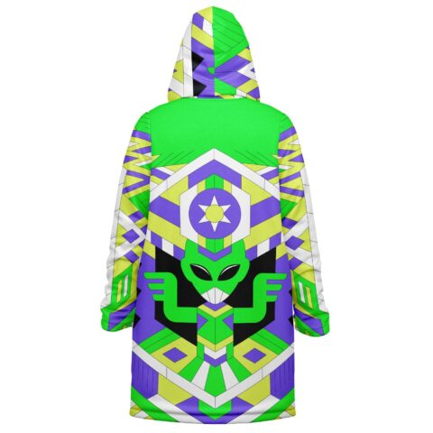 Geometric alien-patterned cloak back view featuring a central alien face and concentric shapes