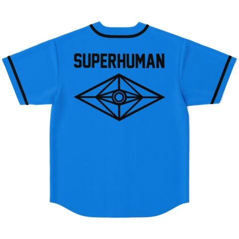 Bright blue jersey featuring black SUPERHUMAN text and geometric eye emblem, back product view