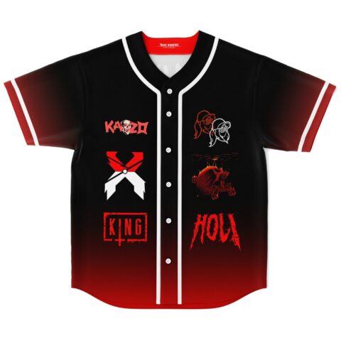 Black-to-red cartoon lineup jersey featuring red-and-white emblems, skull artwork, and button-front styling