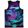 Purple psychedelic mushroom forest pattern with turquoise creek, rear view of festival jersey