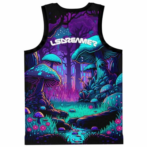 Purple psychedelic mushroom forest pattern with turquoise creek, rear view of festival jersey