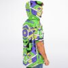 Side view of a model wearing the geometric rave hooded baseball jersey