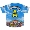 Blue cloud print featuring AUDIFFRED text, yellow emblem, colorful anime-inspired character group, back view