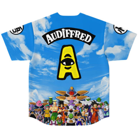 Blue cloud print featuring AUDIFFRED text, yellow emblem, colorful anime-inspired character group, back view