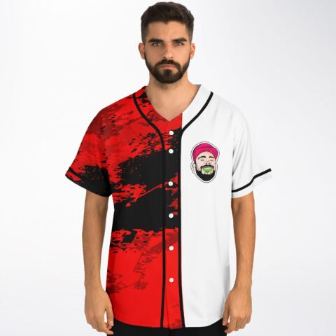Red-and-black distressed abstract pattern baseball jersey with cartoon face patch, modeled front view