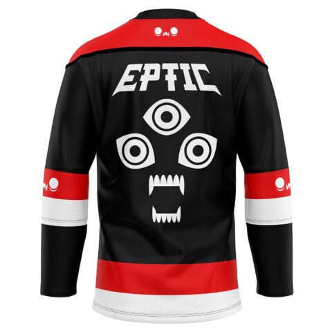 Back view of black occult graphic jersey featuring three eyes, fanged mouth, and red-white stripes