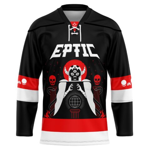 Black occult graphic jersey front with hooded skull, red halo, snakes, and mystical globe design