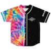 Front view of split rainbow watercolor and starfield design with DIMENSION lettering and white piping