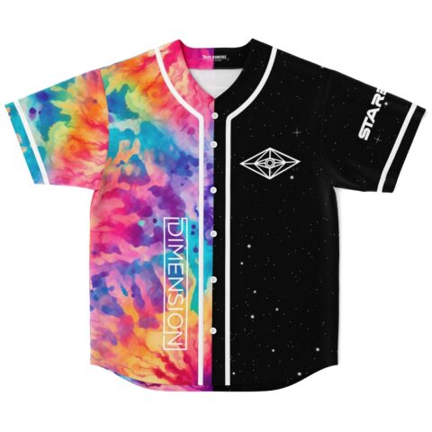 Front view of split rainbow watercolor and starfield design with DIMENSION lettering and white piping