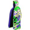 Geometric alien-patterned cloak opposite side view showing open front, hood, and detailed sleeve graphics