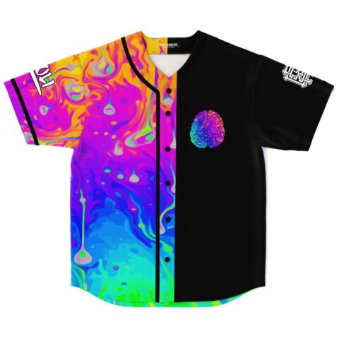 Split black and neon melting swirl jersey front with brain emblem and contrasting button placket
