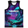 Neon mushroom forest jersey with glowing stream and white stylized lettering, front view