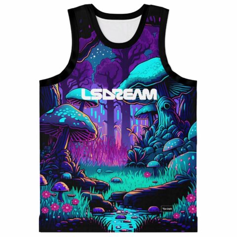 Neon mushroom forest jersey with glowing stream and white stylized lettering, front view
