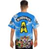 Sky blue cloud print featuring AUDIFFRED text and colorful anime-inspired character group, modeled back view