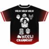 Wooli fan rave baseball jersey back view: black and red cartoon mascot lineup with bold lettering