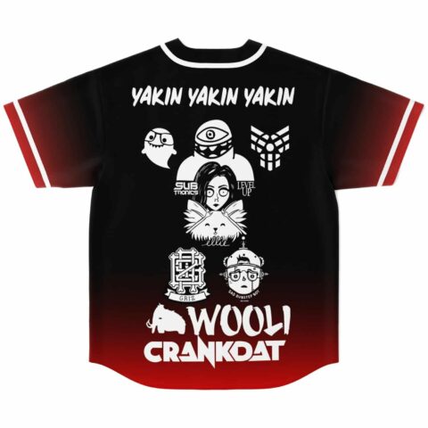 Black and red YAKIN YAKIN YAKIN cartoon lineup pattern, back view of festival jersey