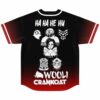 Wooli fan rave baseball jersey back view: cartoon mascot lineup with bold lettering on a black-to-red gradient
