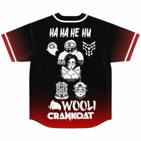 Cartoon-style rave lineup graphic, “HA HA HE HU” text and monochrome characters on black-to-red back