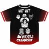 Wooli fan rave baseball jersey back view: white illustrated cartoon figures lined up on a black-to-red gradient