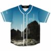 Desert mountain landscape print on sky-blue rave jersey with glowing vertical light accents, front view