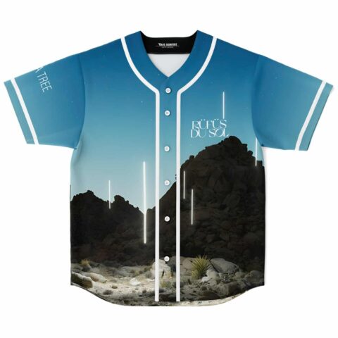 Desert mountain landscape print on sky-blue rave jersey with glowing vertical light accents, front view