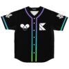 Black jersey featuring white cartoon face, geometric emblems, and neon gradient trim on white