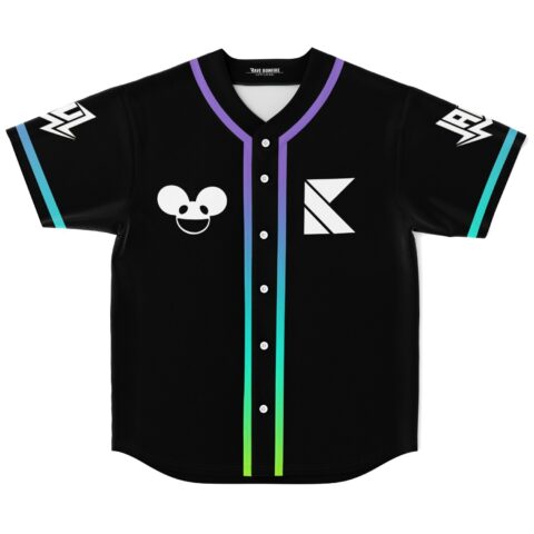 Black jersey featuring white cartoon face, geometric emblems, and neon gradient trim on white