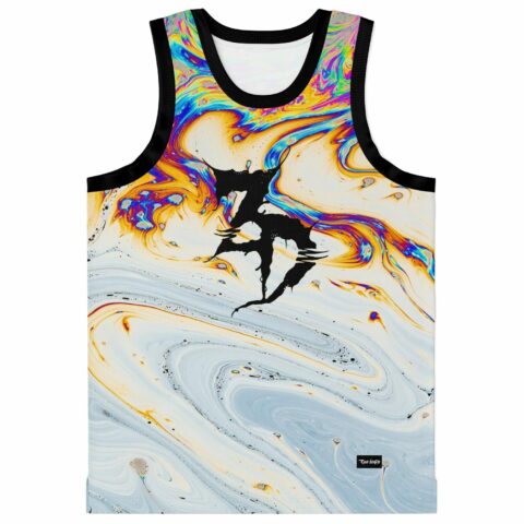 Front view of neon oil-marbled swirl pattern with black dancer silhouette and trim, displayed flat