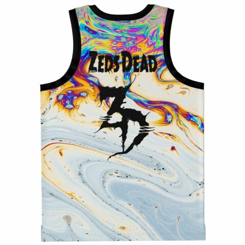 Back view of neon oil-marbled swirl pattern with bold distressed lettering and black dancer silhouette