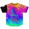 Neon melting rainbow swirl jersey front with brain graphic and “WHAT IS THAT MELODY?” text