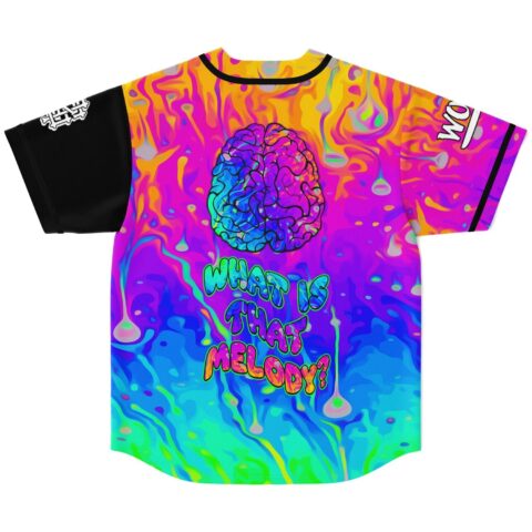 Neon melting rainbow swirl jersey front with brain graphic and “WHAT IS THAT MELODY?” text