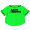 Back view of the green rave cropped baseball jersey with bold black text