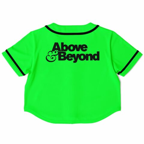 Back view of green cropped baseball jersey featuring bold black text