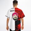 Split distressed abstract pattern jersey back with cartoon face graphic and readable SICKMODE text