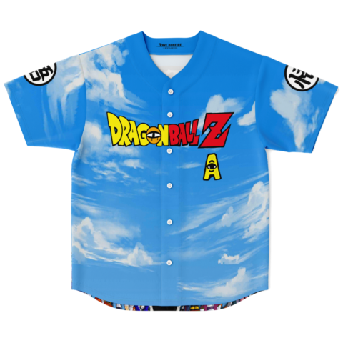 Sky blue cloud print with bold multicolor lettering and yellow emblem, front jersey view