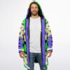 Person wearing an open geometric alien cloak with purple lining and front pockets in studio