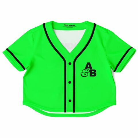 Vibrant green cropped baseball jersey with black accents and letters