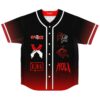 Wooli fan rave baseball jersey front view: red-and-white cartoon emblems and bold lettering on a black-to-red gradient