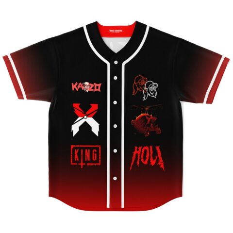 Black-to-red gradient jersey featuring red-and-white cartoon emblems and bold lettering, front view