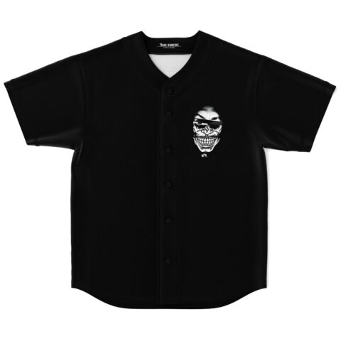 Black jersey front view with white grinning masked-face graphic and button placket, studio background