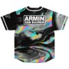 Psychedelic oil swirl jersey featuring colorful marbling and a bold boxed graphic, back view