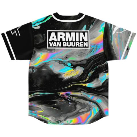 Psychedelic oil swirl jersey featuring colorful marbling and a bold boxed graphic, back view